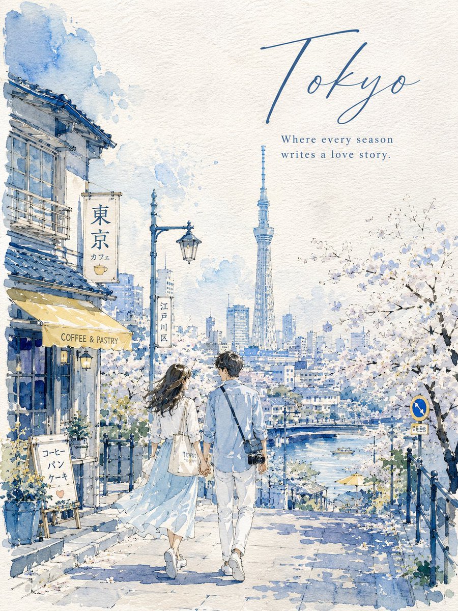 在带有纹理的手工水彩纸上，创作一幅 3:4 纵向水彩城市速写旅行海报。 城市输入： [CITY NAME] 创作一个浪漫的日常场景，反映 [CITY NAME] 真实的建筑、地标、街头生活、气...