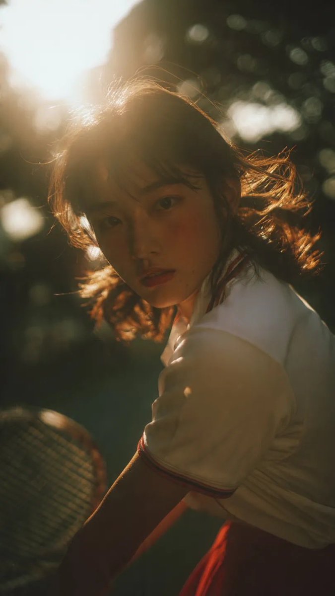 电影感中景镜头：一名身穿网球服的日本少女，在网球比赛挥拍途中被自然抓拍，柔和阳光穿过树林，暖色调，90年代日本电影美学，轻微胶片颗粒感，风吹动她的头发，动态而自然的动作，怀旧诗意氛围。