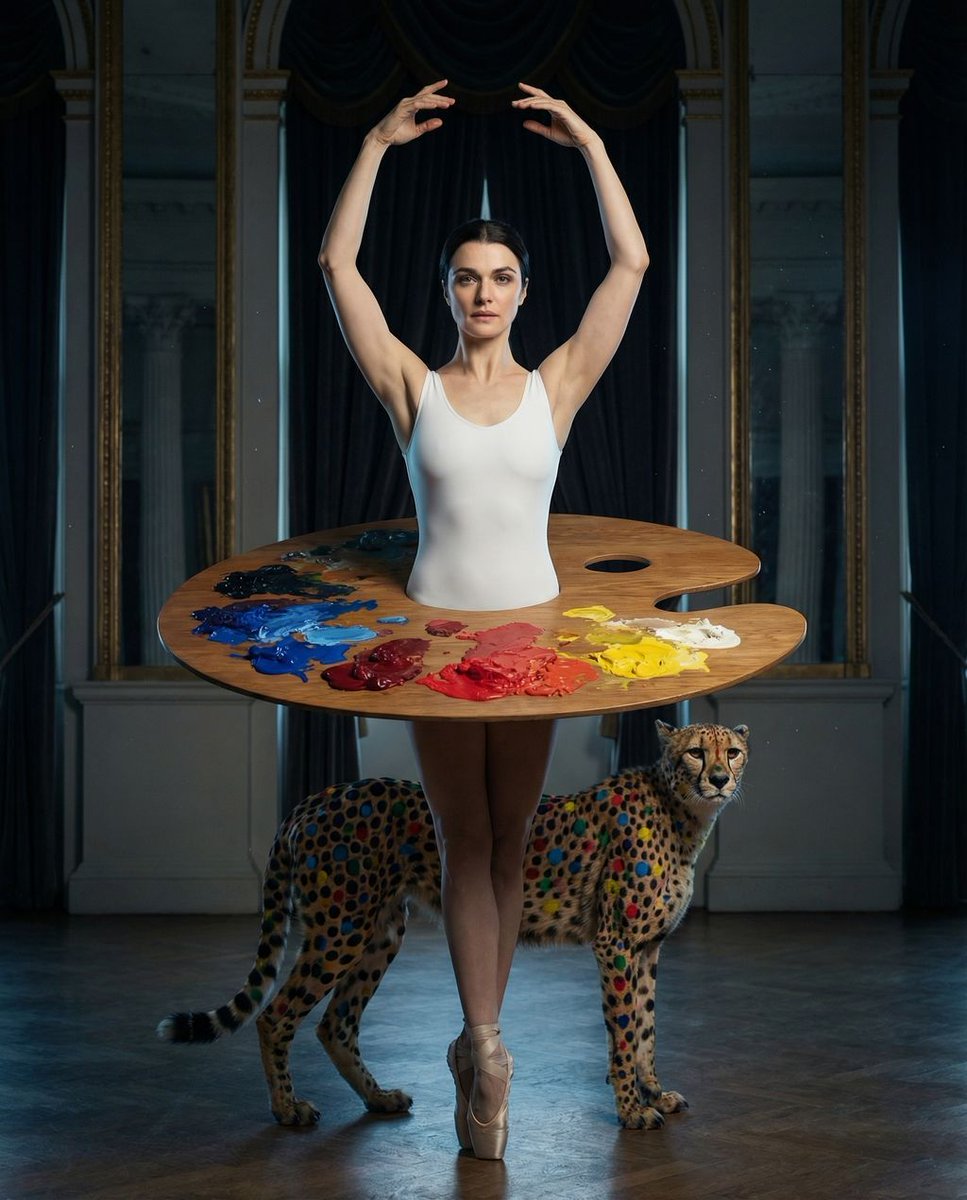 女性, The Protagonist, 无年龄感，空灵, 冷静、中性、对称、完美打光, 顺滑地向后梳拢, 纤细、优雅、芭蕾舞般的体态, 高强度、锐利的眼神交流、绝对的中立, 笔直站立，双臂对...