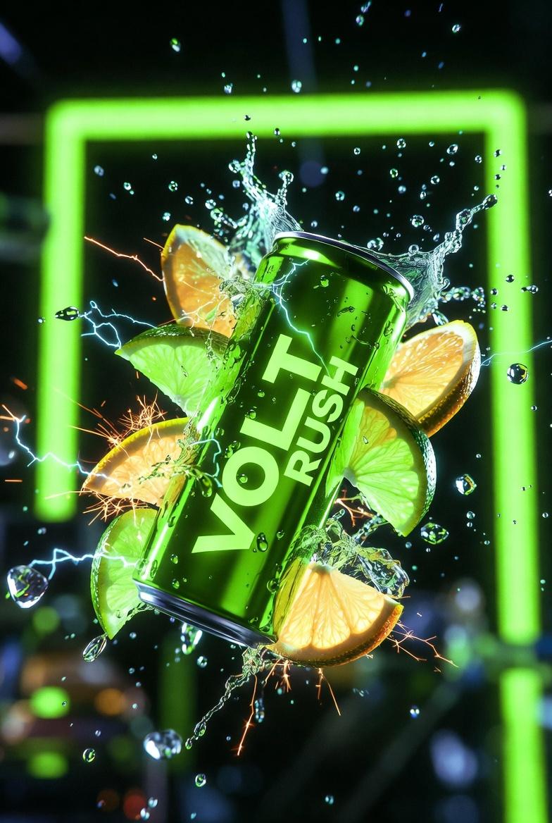 https://t.co/W9HVnpj29I 标有“VOLT RUSH”字样的霓虹绿色能量饮料罐的超电影感产品摄影，罐身呈锋利对角线倾斜，冲破发光的柑橘切片和电火花。冷冻青柠果汁溅出，冰屑悬...