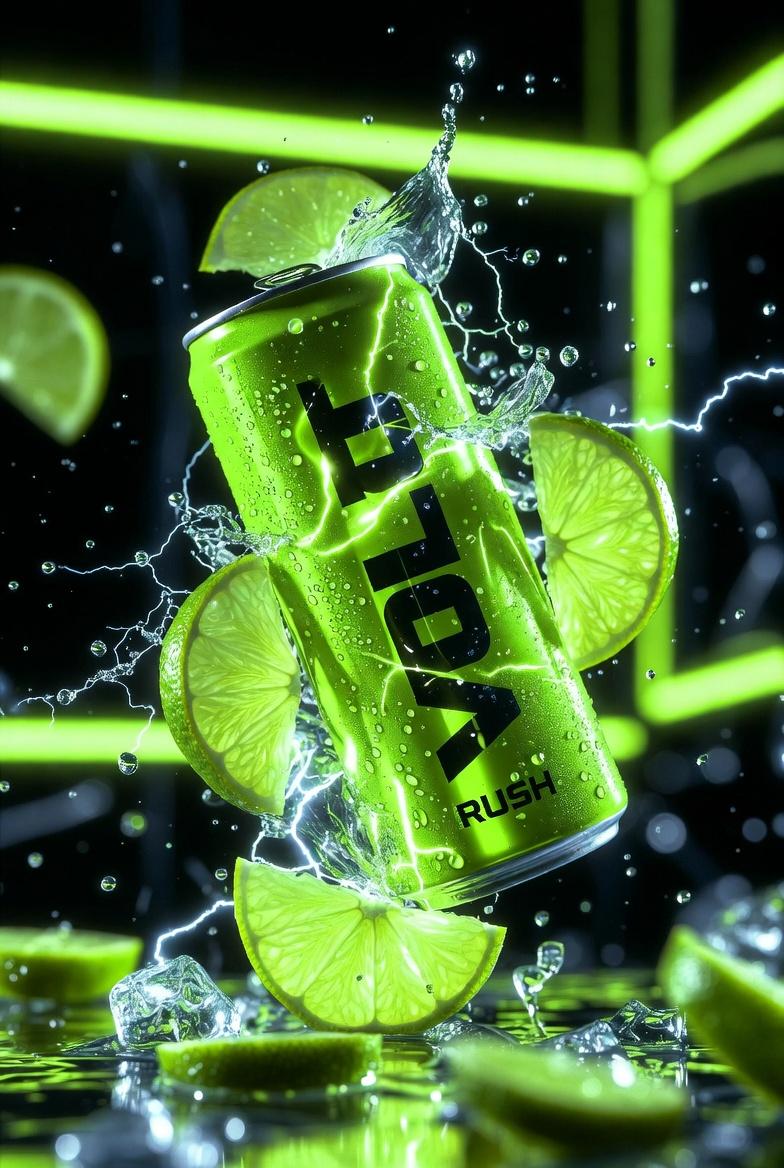 https://t.co/W9HVnpj29I 标有“VOLT RUSH”字样的霓虹绿色能量饮料罐的超电影感产品摄影，罐身呈锋利对角线倾斜，冲破发光的柑橘切片和电火花。冷冻青柠果汁溅出，冰屑悬...