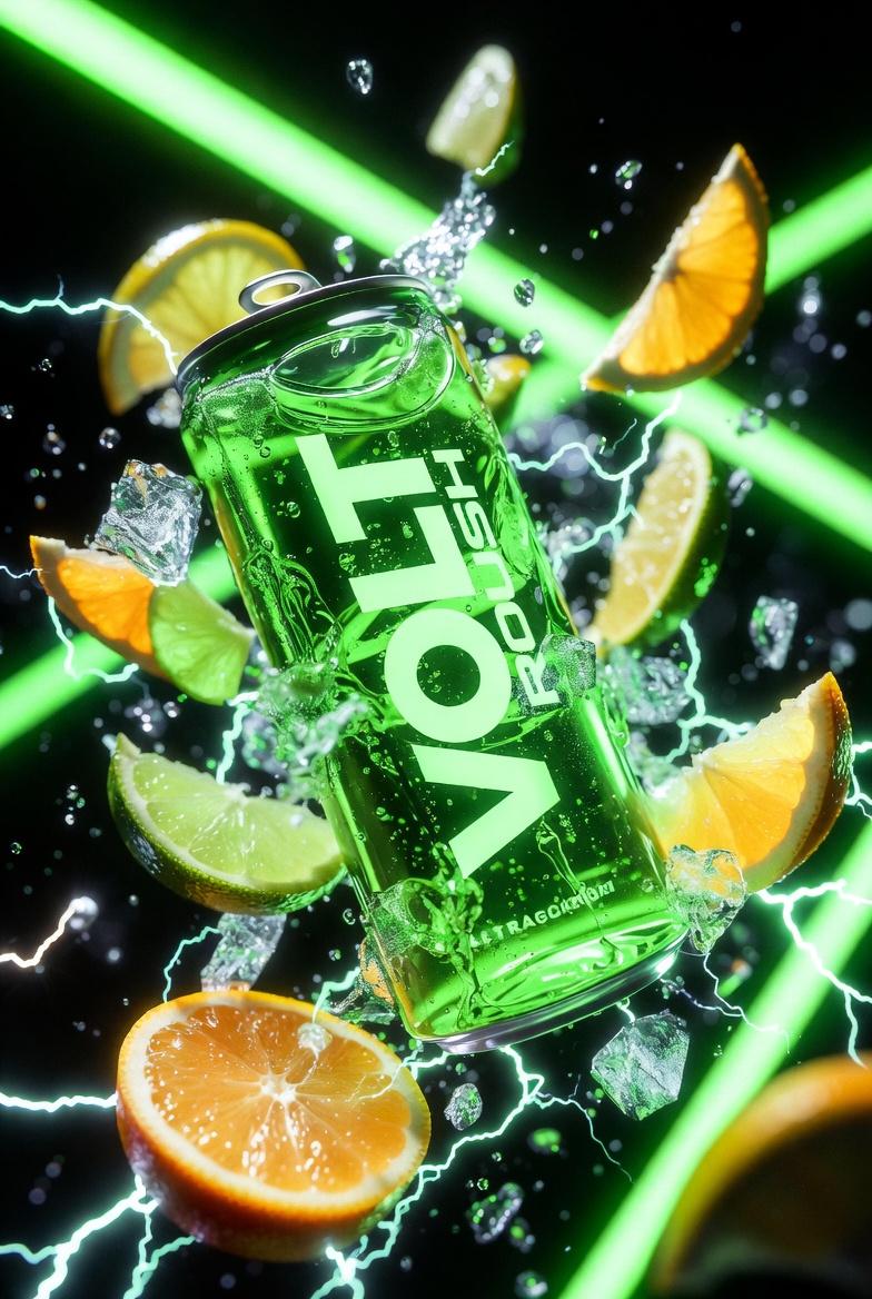 https://t.co/W9HVnpj29I 标有“VOLT RUSH”字样的霓虹绿色能量饮料罐的超电影感产品摄影，罐身呈锋利对角线倾斜，冲破发光的柑橘切片和电火花。冷冻青柠果汁溅出，冰屑悬...