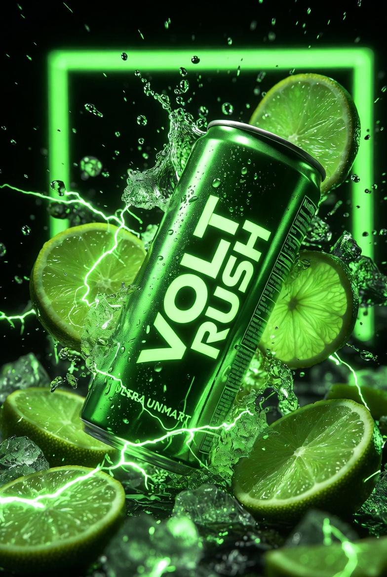 https://t.co/W9HVnpj29I 标有“VOLT RUSH”字样的霓虹绿色能量饮料罐的超电影感产品摄影，罐身呈锋利对角线倾斜，冲破发光的柑橘切片和电火花。冷冻青柠果汁溅出，冰屑悬...