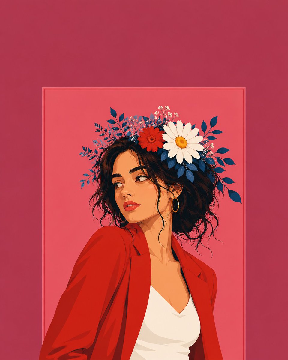 宽幅扁平矢量插画海报，戴着花冠的女子回头瞥视，穿红色西装外套与白色上衣，粉红色分层背景完整构图，带有框式内嵌矩形，外边框留有大量干净的负空间以容纳粗体标题文字或引言，现代编辑海报插画风格，竖版...