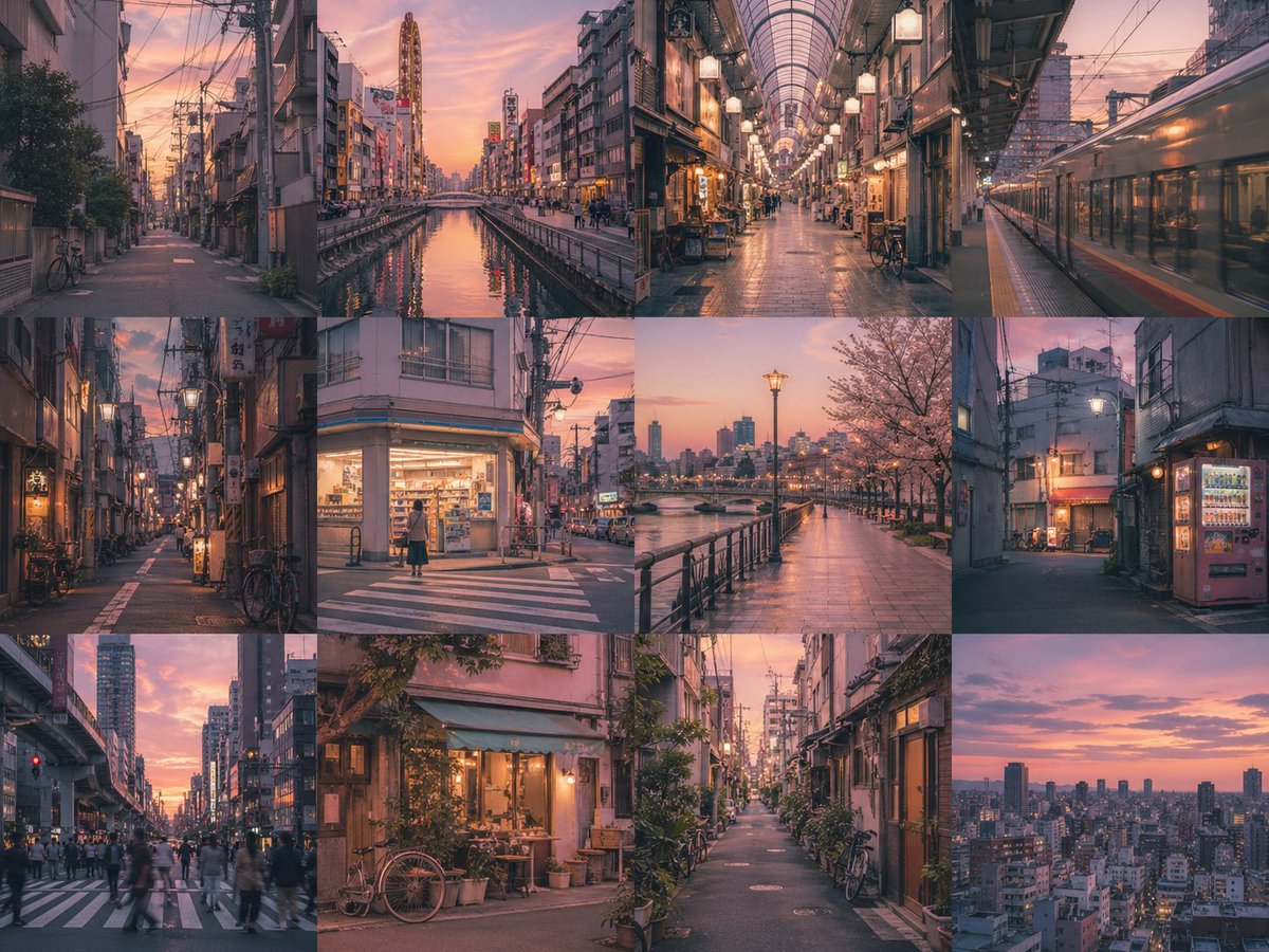 {argument name="grid layout" default="4x3"} 无缝网格布局，每个面板展示一个独立场景，主角为 {argument name="subject" def...