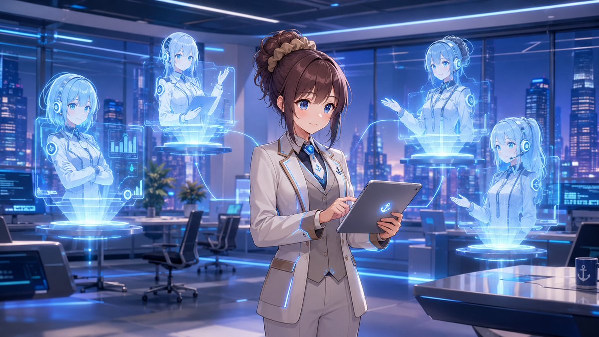 未来的なビジネススーツを着たタヌキちゃんが、デジタルタブレットを操作し、周囲にAIエージェントのホログラムが浮かんでいるハイテクオフィス風景。アニメスタイル、16:9。 * Negative...