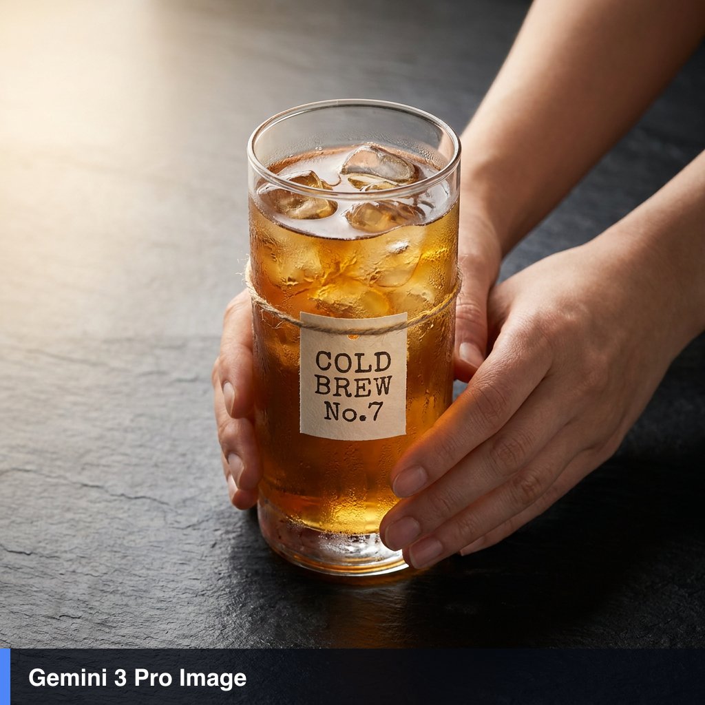 超写实工作室产品静物：两只人手握着一只高高的透明玻璃杯，杯中盛有加冰的琥珀色冷萃咖啡，玻璃杯外布满凝结的水珠，冰块折射效果逼真，五指解剖结构正确，在深色石板表面上准确呈现反射与阴影。玻璃杯上贴...