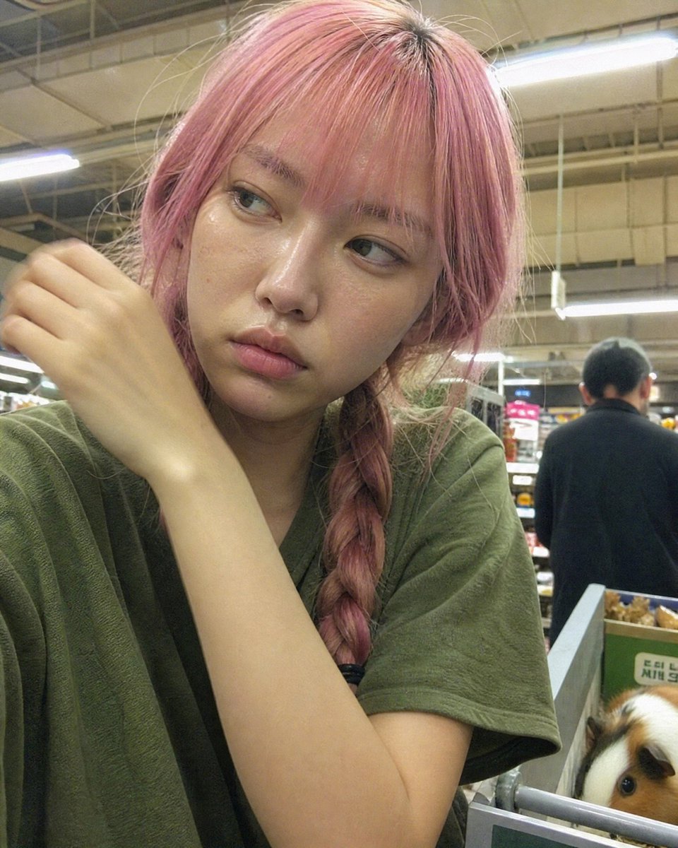 写实、抓拍、非摆拍, 年轻韩国女子, 杂货店结账队伍, 头顶生硬荧光灯, 2016年平价安卓前置摄像头, 意外的前置摄像头拍摄，原本就没打算拍。2016年左右的平价安卓手机。镜头干净无遮挡——...