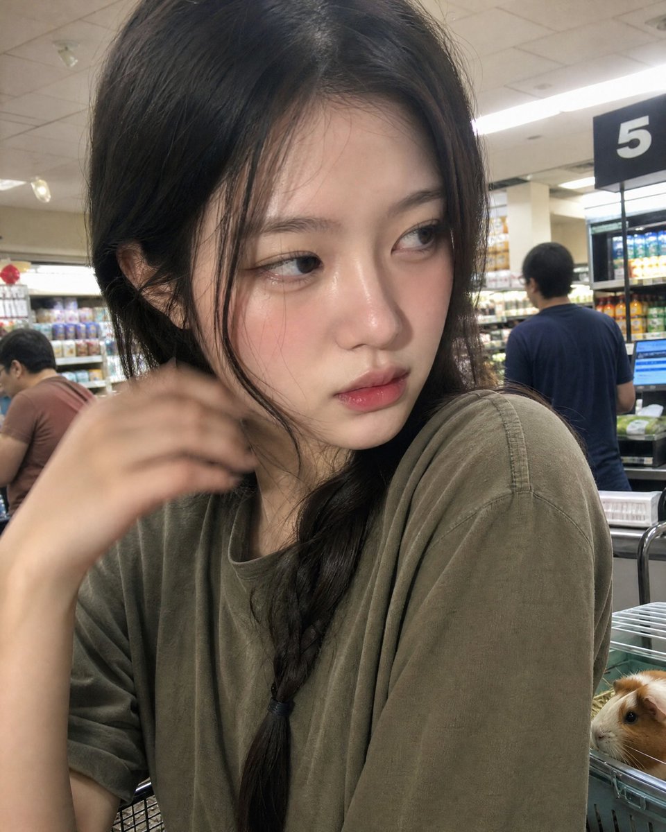 写实、抓拍、非摆拍, 年轻韩国女子, 杂货店结账队伍, 头顶生硬荧光灯, 2016年平价安卓前置摄像头, 意外的前置摄像头拍摄，原本就没打算拍。2016年左右的平价安卓手机。镜头干净无遮挡——...