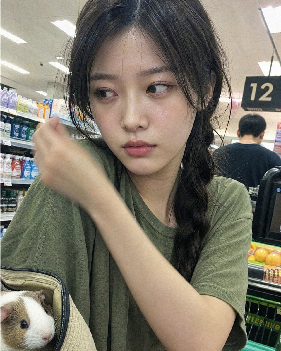 写实、抓拍、非摆拍, 年轻韩国女子, 杂货店结账队伍, 头顶生硬荧光灯, 2016年平价安卓前置摄像头, 意外的前置摄像头拍摄，原本就没打算拍。2016年左右的平价安卓手机。镜头干净无遮挡——...