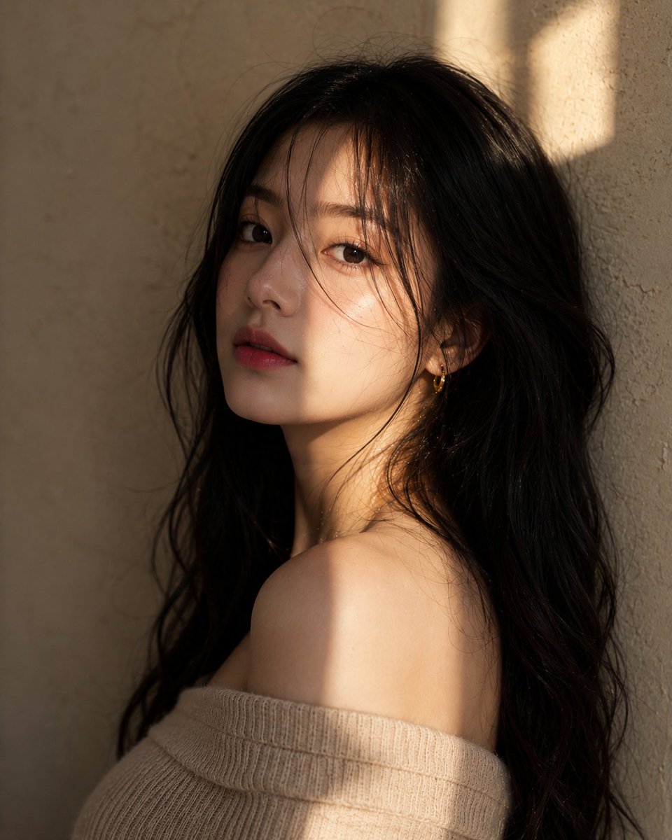 韩国 年轻韩国女性超写实社论人像，胸部以上构图，柔软黑色长波浪卷发，透亮瓷感肌肤，淡妆，直视镜头，米黄色露肩针织上衣，黄金时段透过窗户的光线在她脸上投下几何阴影，背景是带纹理的米色石膏墙，电影...