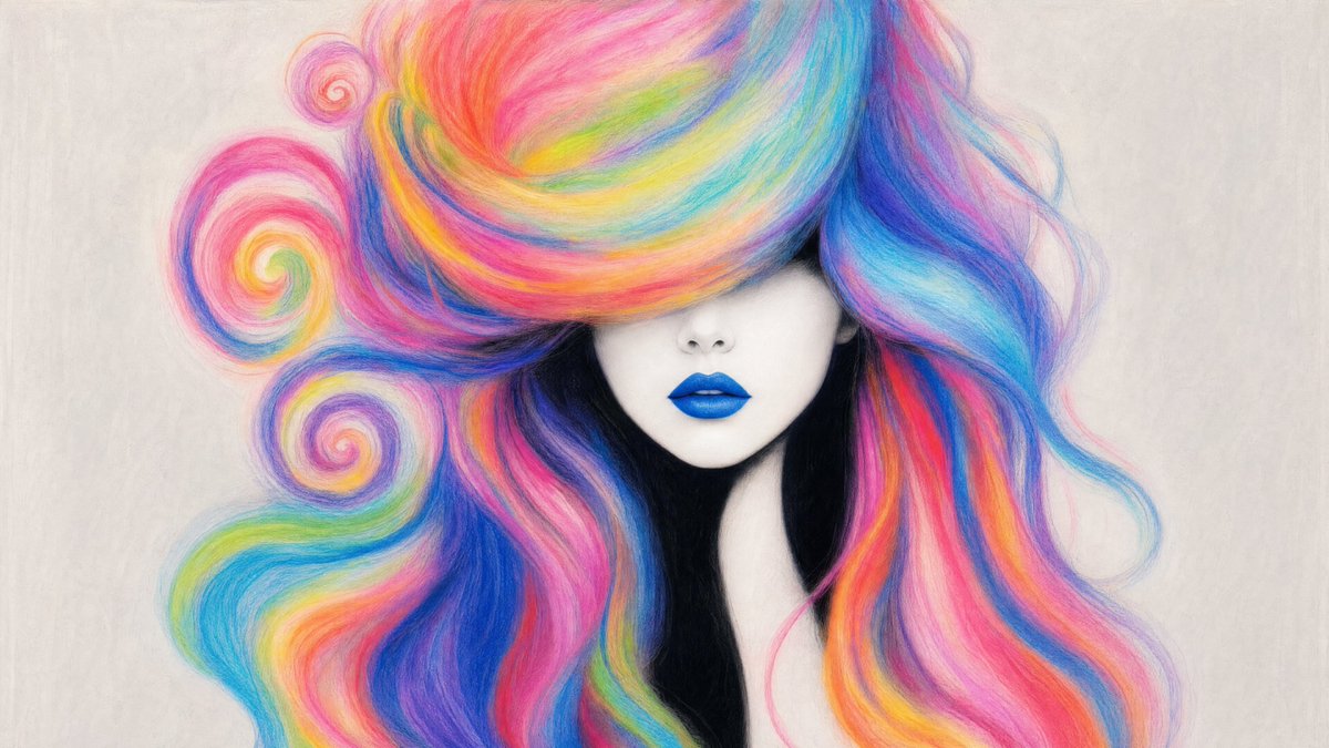 一幅风格化的时尚人像插画，画中是一位神秘的女子，面如苍白瓷釉般雪白，没有可见的眼睛，嘴唇是鲜艳的钴蓝色。她的双眼完全被巨大飘逸的彩虹色长发遮盖。头发是画面的主体，宽大、丰盈，由明亮的霓虹粉彩色...