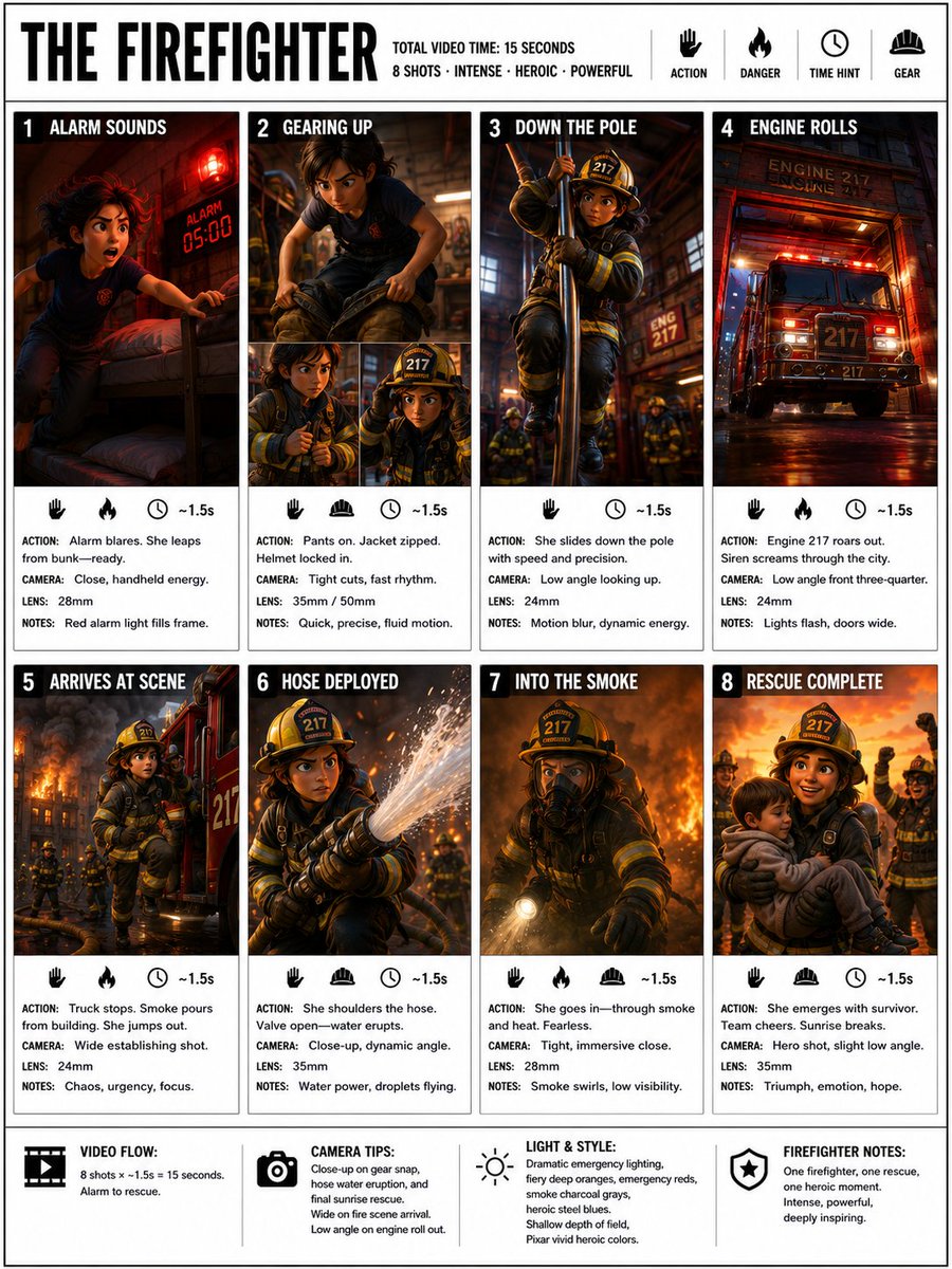 📋 GPT Image 2 ：故事板提示 为 THE FIREFIGHTER（消防员）制作一张清晰、简洁的信息图式故事板海报。宽幅 16:9 布局，白色背景，黑色边框，加粗黑色字体，顶级 Pi...