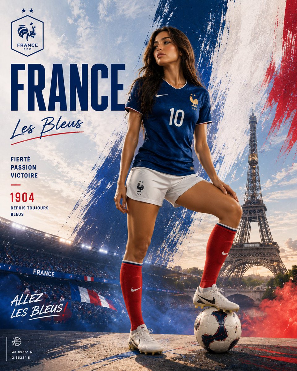创作一张FIFA世界杯风格的顶级体育海报,主角是一位令人惊艳的年轻女足运动员,自豪地代表法国女子国家足球队。她以充满力量与自信的姿态站立,一只足球战靴稳稳地踩在足球上,双肩向后舒展,下巴微微扬...