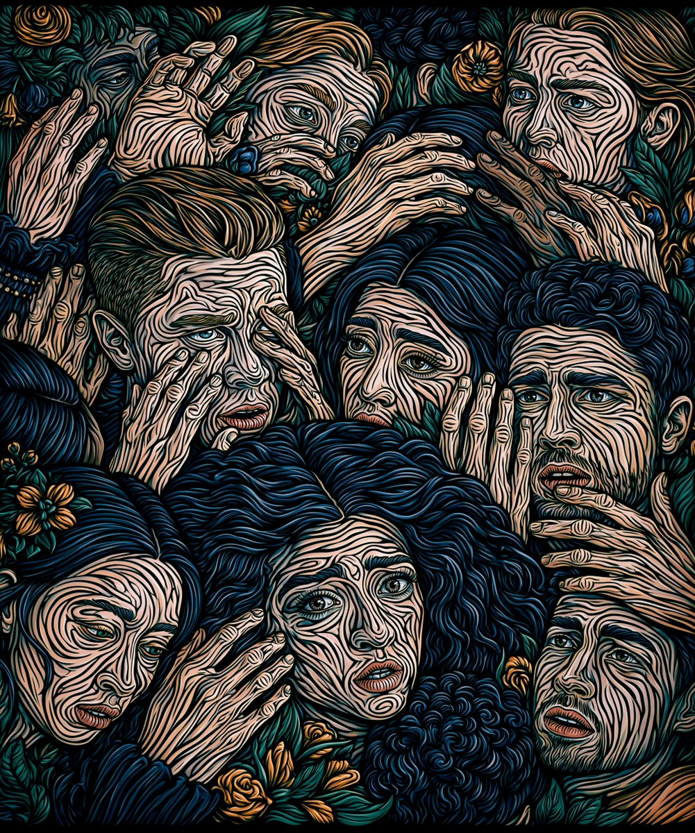 一幅竖版特写插画，采用极简线条艺术风格，描绘了人脸与手的混乱缠绕。--ar 5:6 --raw --sref 2610127471 117356...