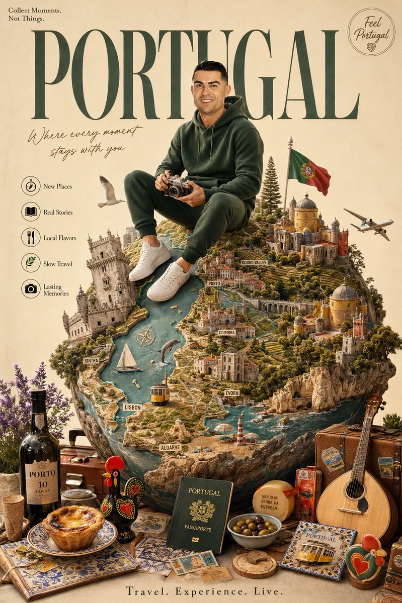 为{葡萄牙}创作一张高级奢享旅行海报。 一位面带微笑的年轻男性旅行者（使用上传照片）自然地坐在一个制作精美的微型地球仪顶部，该地球仪展示了{葡萄牙}的地貌和地图。他身穿深绿色连帽衫、运动裤和白...