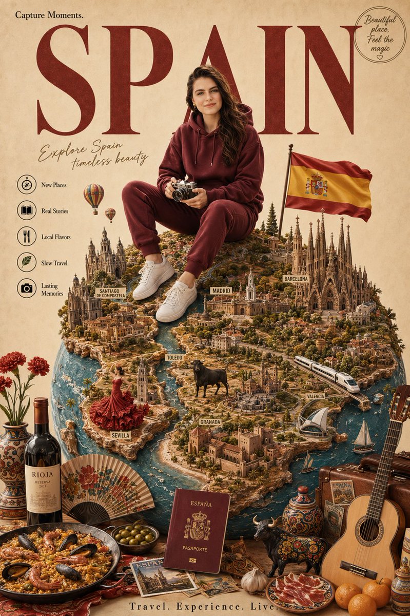 为{葡萄牙}创作一张高级奢享旅行海报。 一位面带微笑的年轻男性旅行者（使用上传照片）自然地坐在一个制作精美的微型地球仪顶部，该地球仪展示了{葡萄牙}的地貌和地图。他身穿深绿色连帽衫、运动裤和白...