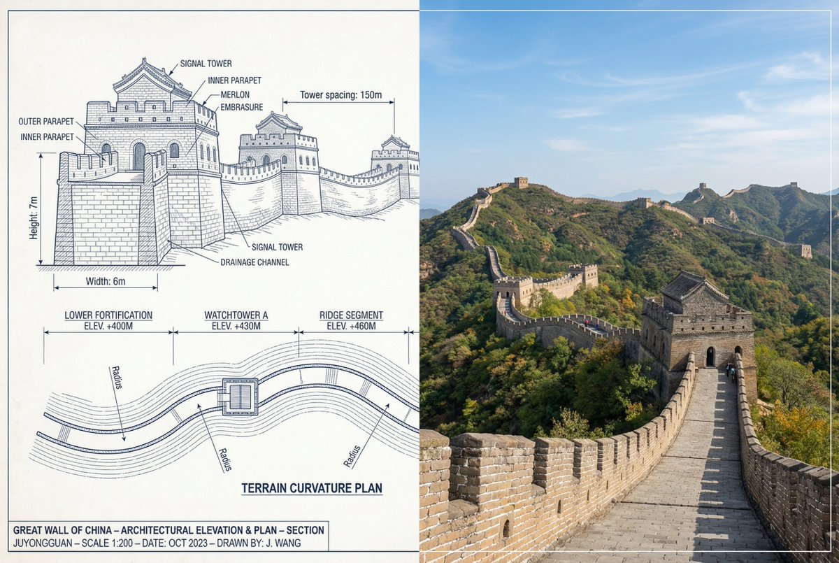 中国长城并排对比图像，水平分屏布局，3:2 长宽比。 左半部分：技术性建筑素描，使用详细线条展示城墙段、烽火台和防御结构。包括城墙高度、宽度和烽火台间距的数值测量。为城墙段和烽火台添加标高标注...