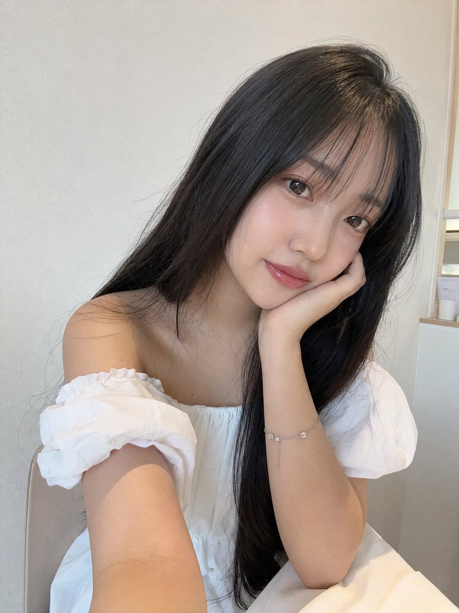 美丽的年轻日本女孩，长着丝般柔顺的黑色长发，柔和的刘海修饰脸庞，肌肤白皙透亮，自然的玫瑰色脸颊，粉润光泽的嘴唇，淡雅的日常妆容。身穿优雅的白色一字肩衬衫，佩戴精致的银色手镯，一只手轻托下巴，温...