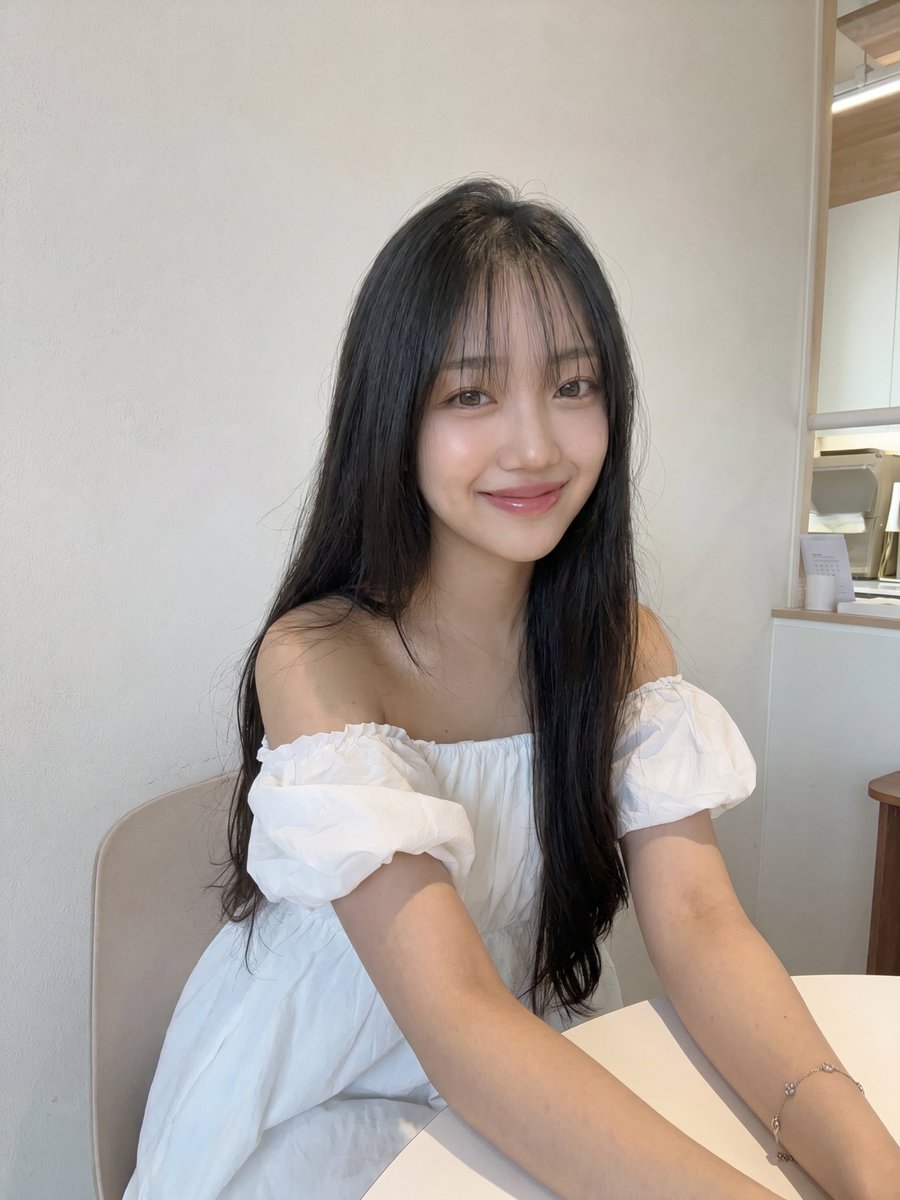 美丽的年轻日本女孩，长着丝般柔顺的黑色长发，柔和的刘海修饰脸庞，肌肤白皙透亮，自然的玫瑰色脸颊，粉润光泽的嘴唇，淡雅的日常妆容。身穿优雅的白色一字肩衬衫，佩戴精致的银色手镯，一只手轻托下巴，温...