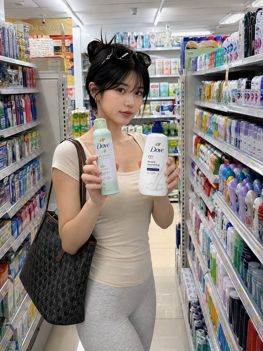 自然色彩, 纪实风格的生活摄影, 未经摆拍的快照美学, 超写实的 RAW 照片画质, 4K, 锐利清晰的对焦, 手持另一件商品，同时正在阅读一个小瓶子的标签, 在便利店购物的年轻女性, 以侧面...