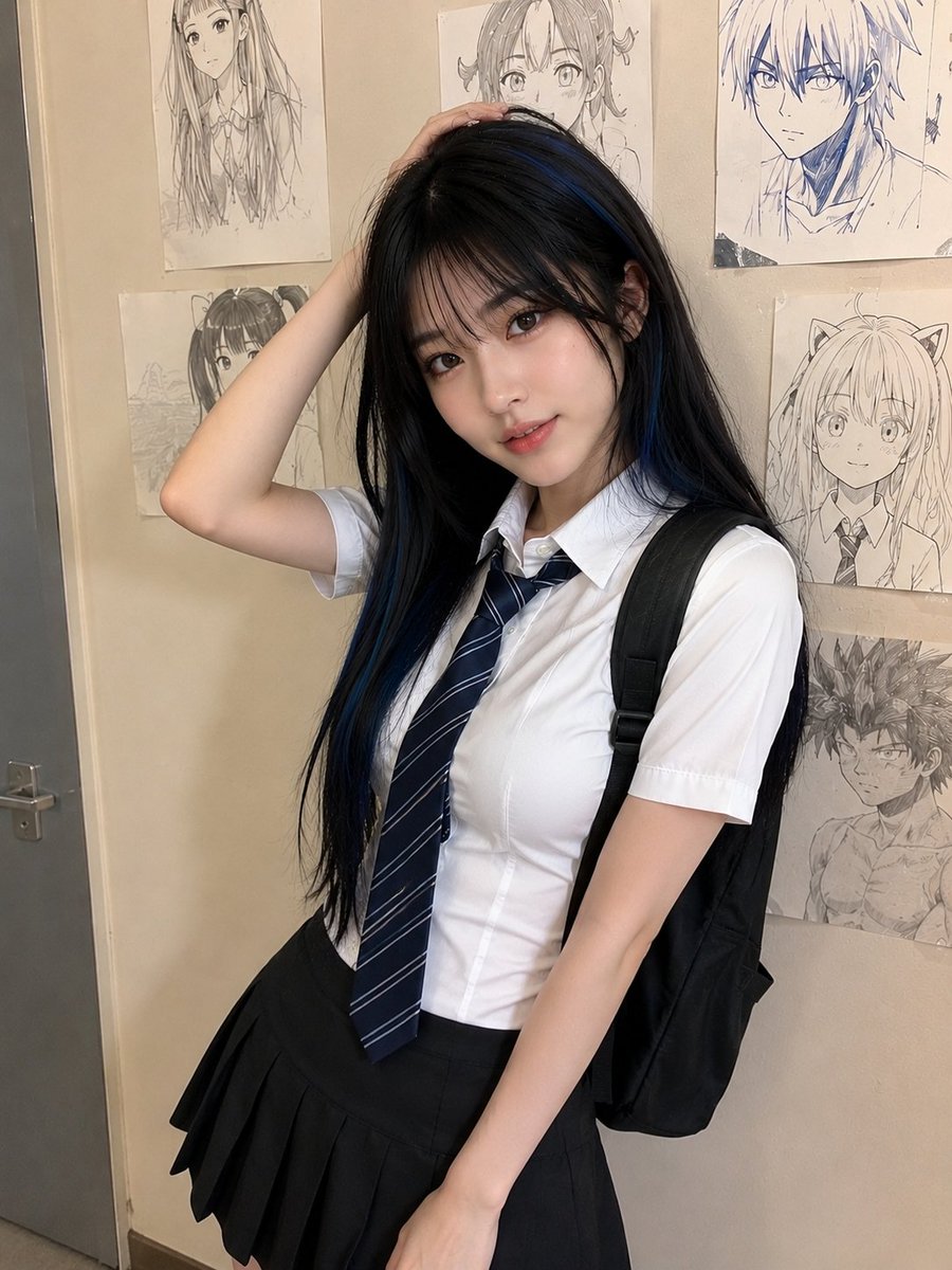 一张逼真的抓拍手机随拍照，照片中是一位可爱的年轻女性，长直黑发带有深蓝色挑染，柔和的刘海修饰脸庞，白皙皮肤，妆容自然，嘴唇红润，身着修身的白色短袖衬衫、深蓝色条纹领带、黑色百褶裙，肩上可见背包...