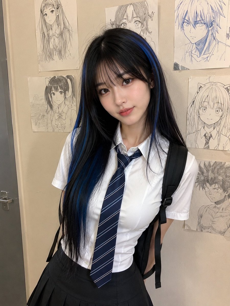 一张逼真的抓拍手机随拍照，照片中是一位可爱的年轻女性，长直黑发带有深蓝色挑染，柔和的刘海修饰脸庞，白皙皮肤，妆容自然，嘴唇红润，身着修身的白色短袖衬衫、深蓝色条纹领带、黑色百褶裙，肩上可见背包...