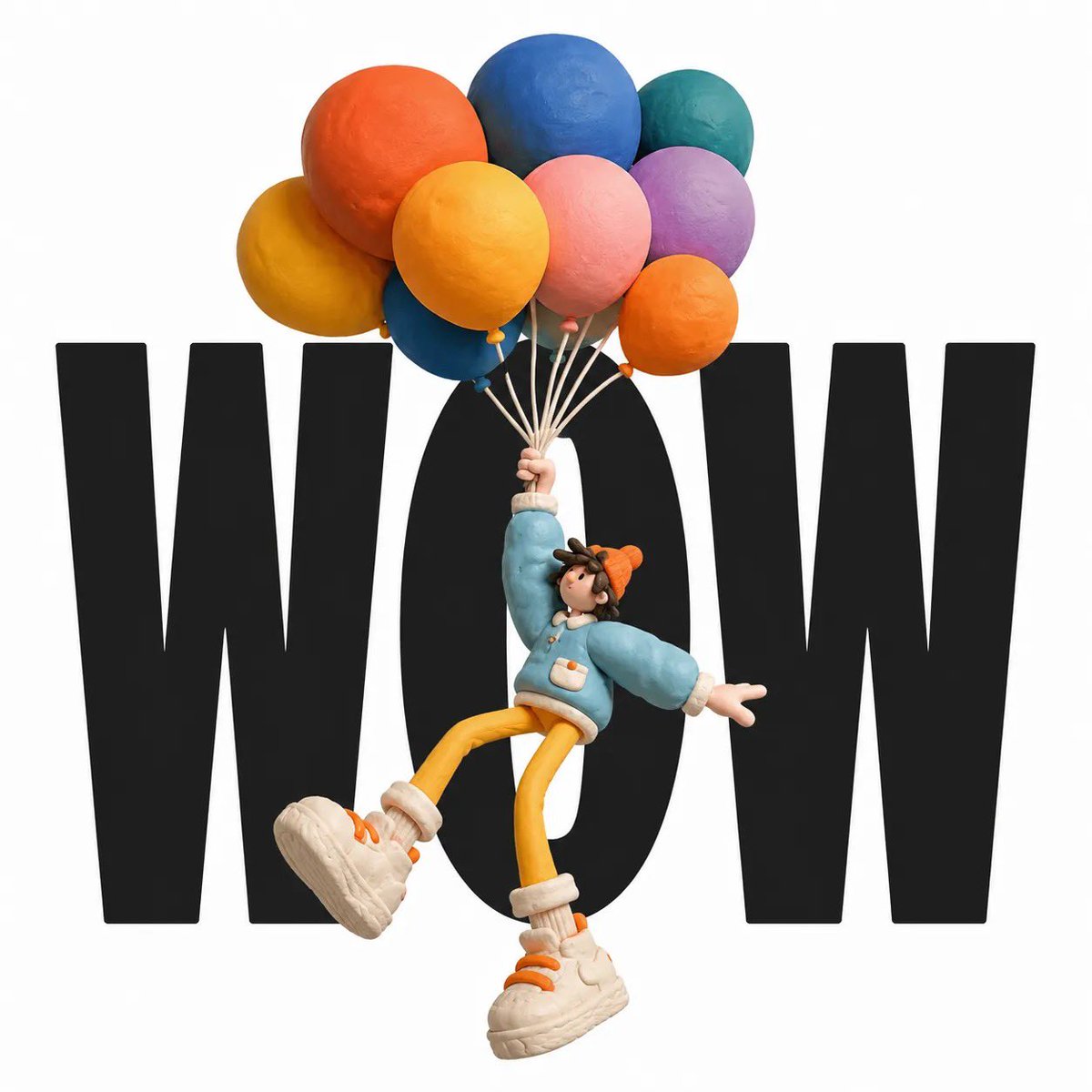 一个可爱的手工制作粘土角色，采用奇思妙想的3D定格动画风格，站立在纯白背景上巨大醒目的黑色字体前方。角色拥有超大号运动鞋、简化的面部特征、欢快的表情、圆润的比例，以及俏皮的姿势与身后的文字互动...