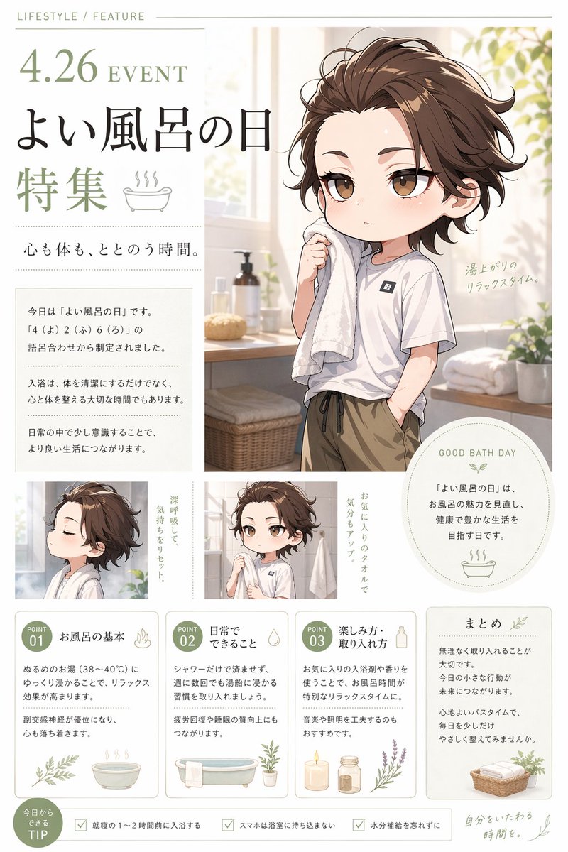完整提示:https://t.co/ZHsehjCA98 设计一张柔和的编辑风格生活方式海报,赞颂日本沐浴文化,版式为打磨精致的杂志专题页面,纵向构图。在淡奶油色与暖灰色背景上,将布局分为两大...