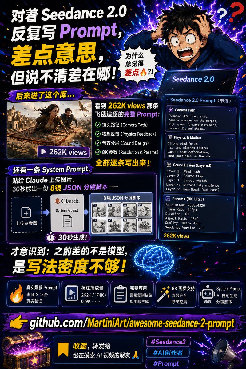 镜头路径、物理反馈、音效分层、8K参数全部逐条写出来， 而且标着原帖播放量，是被真实验证过的写法 还有一条 System Prompt，贴给 Claude 上传图片， 30秒能出一份 8镜 J...