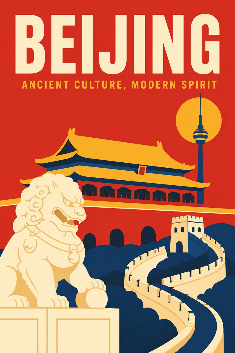 一张以[City Name]为城市的扁平极简风格旅行海报，特色是[Main Subject]的风格化插画。 使用干净的矢量形状，营造俏皮而简化的剪影效果。 顶部使用粗体无衬线字体书写城市名称，...
