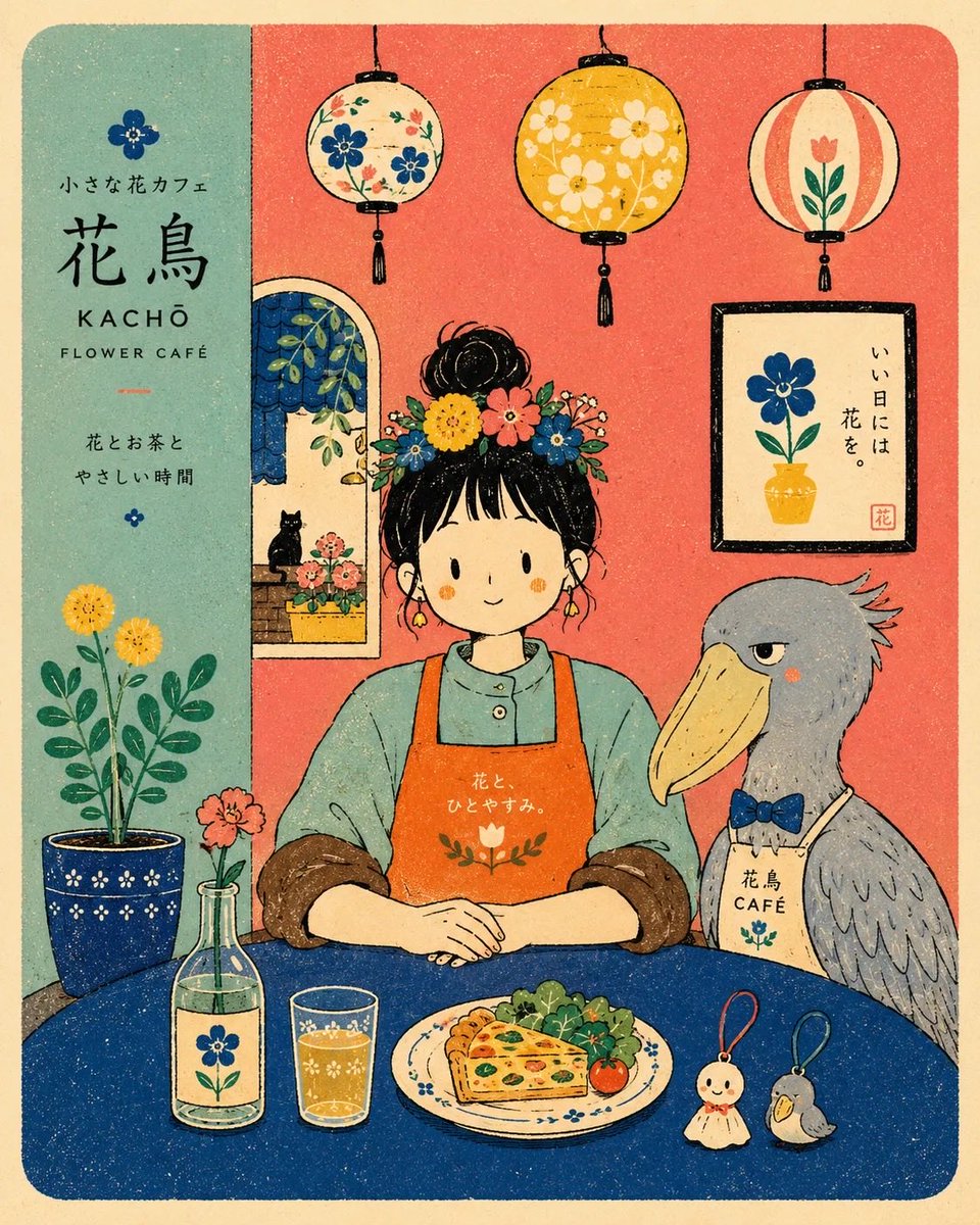 采用现代扁平风格、丝网印刷（riso）海报质感的插画：画面中[人类角色]身穿[服饰]，正面朝向观众，坐在一张简洁的咖啡桌后方，桌旁有[动物]，场景为[场景]。整体在温暖的米色纸张上使用[色彩]...