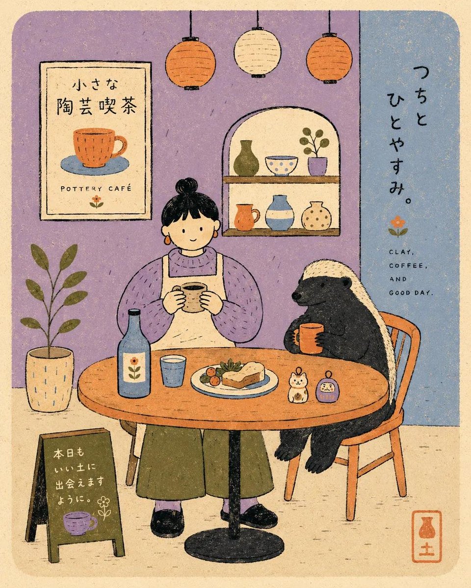 现代扁平丝网印刷风格海报插画：[HUMAN]穿着[CLOTHING]，正面坐在一张简易的咖啡桌后方，桌旁有[ANIMAL]，场景为[SCENERY]。使用[COLORS]作为扁平纯色色块，铺在...