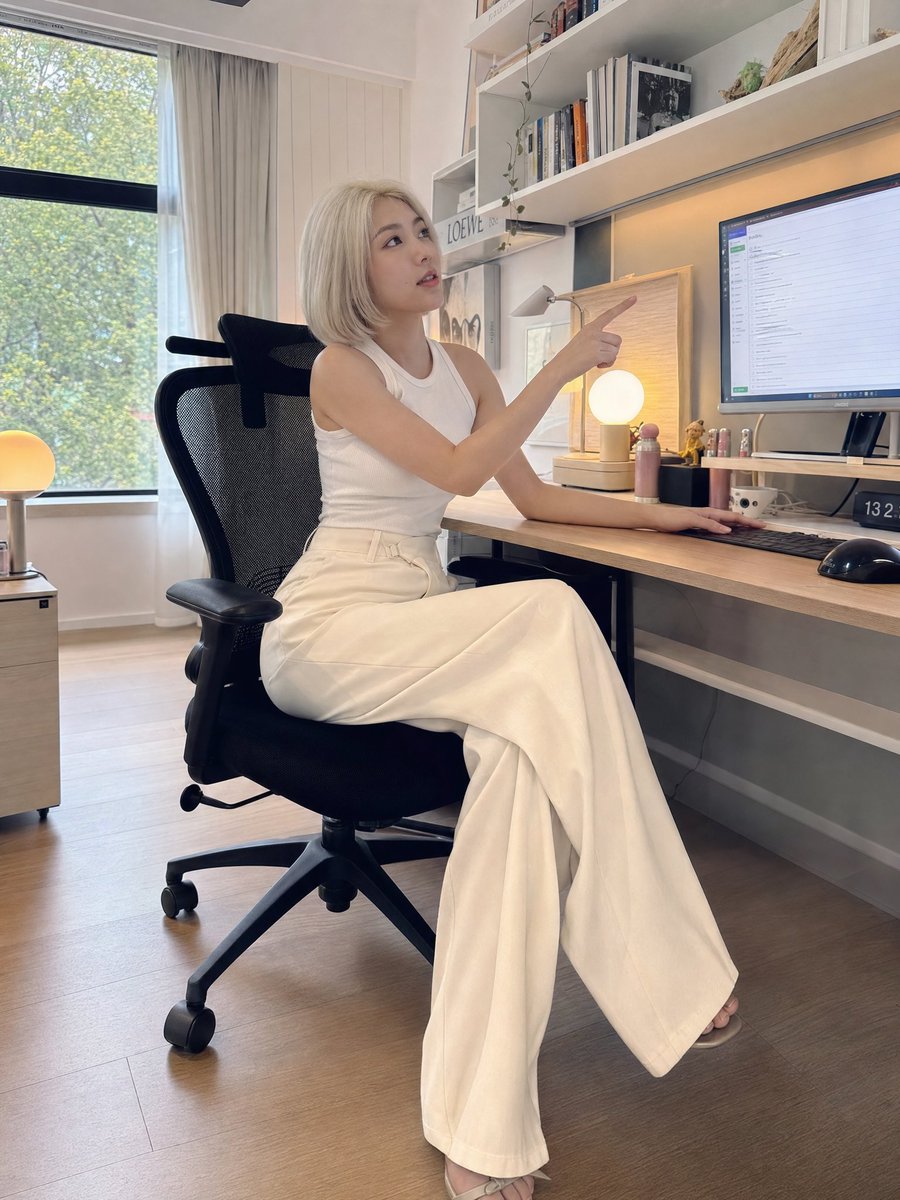 一位美丽的年轻东亚女性，留着短短的铂金金色波波头发型，拥有白皙的瓷肌、柔和的自然妆容和精致的五官，坐在现代极简风格的居家办公室的一张木桌前。她身穿一件合身的白色无袖上衣，搭配优雅的高腰米色阔腿...