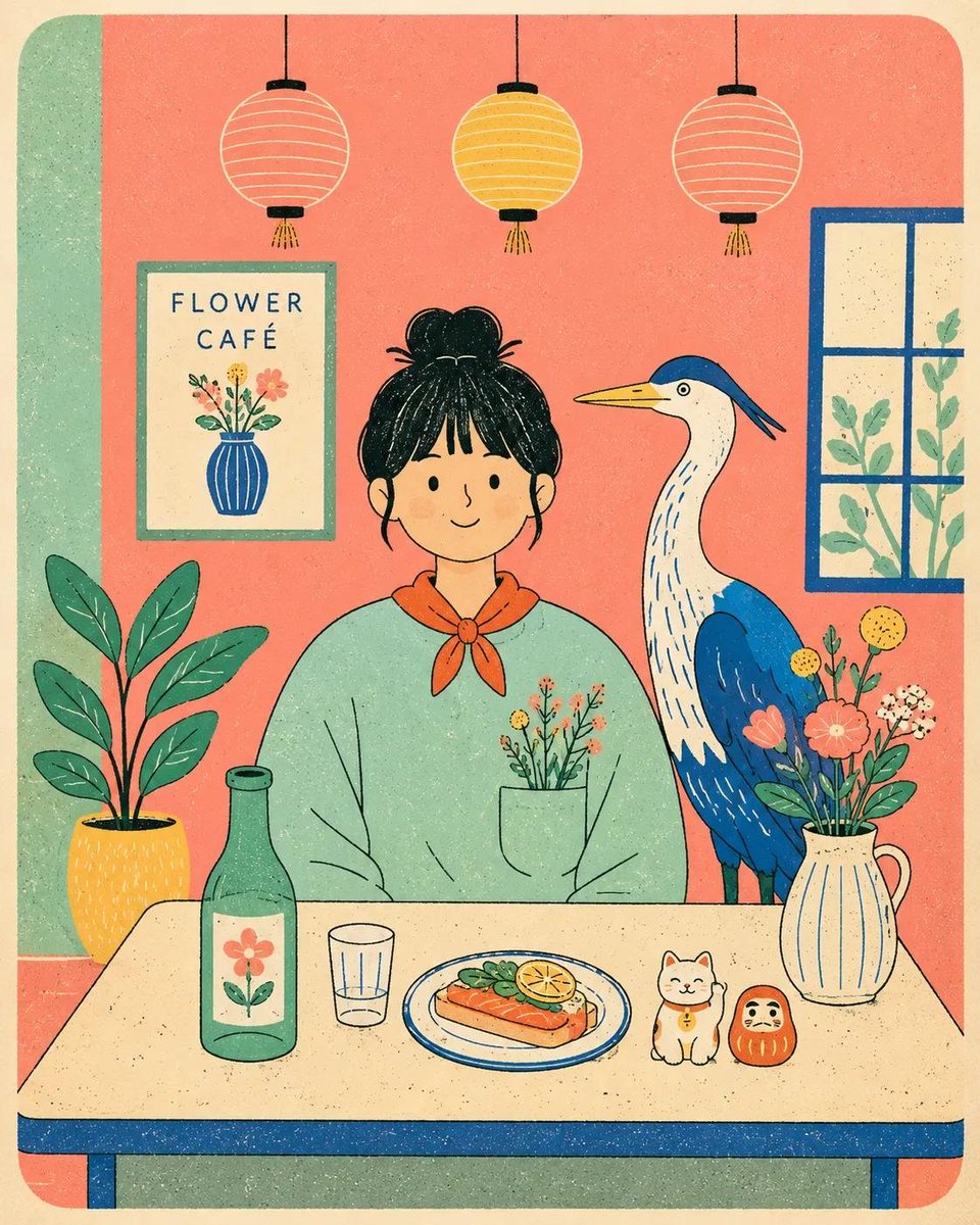 扁平现代丝网印刷风格海报插画，画中是[HUMAN]（人类），穿着[CLOTHING]（服装），正面朝向坐在一张简单的咖啡桌后方，桌旁有[ANIMAL]（动物），场景为[SCENERY]（风景）...