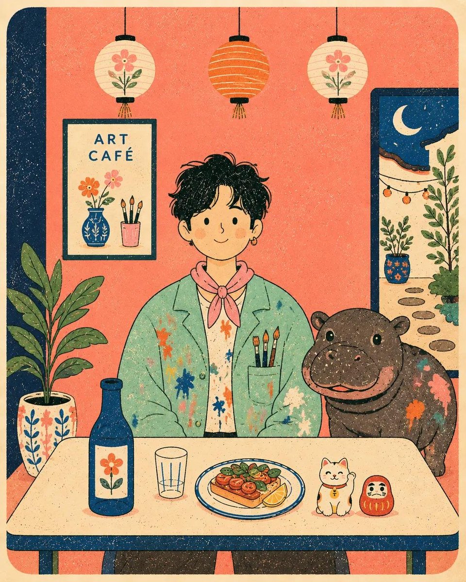 扁平现代丝网印刷风格海报插画，画中是[HUMAN]（人类），穿着[CLOTHING]（服装），正面朝向坐在一张简单的咖啡桌后方，桌旁有[ANIMAL]（动物），场景为[SCENERY]（风景）...