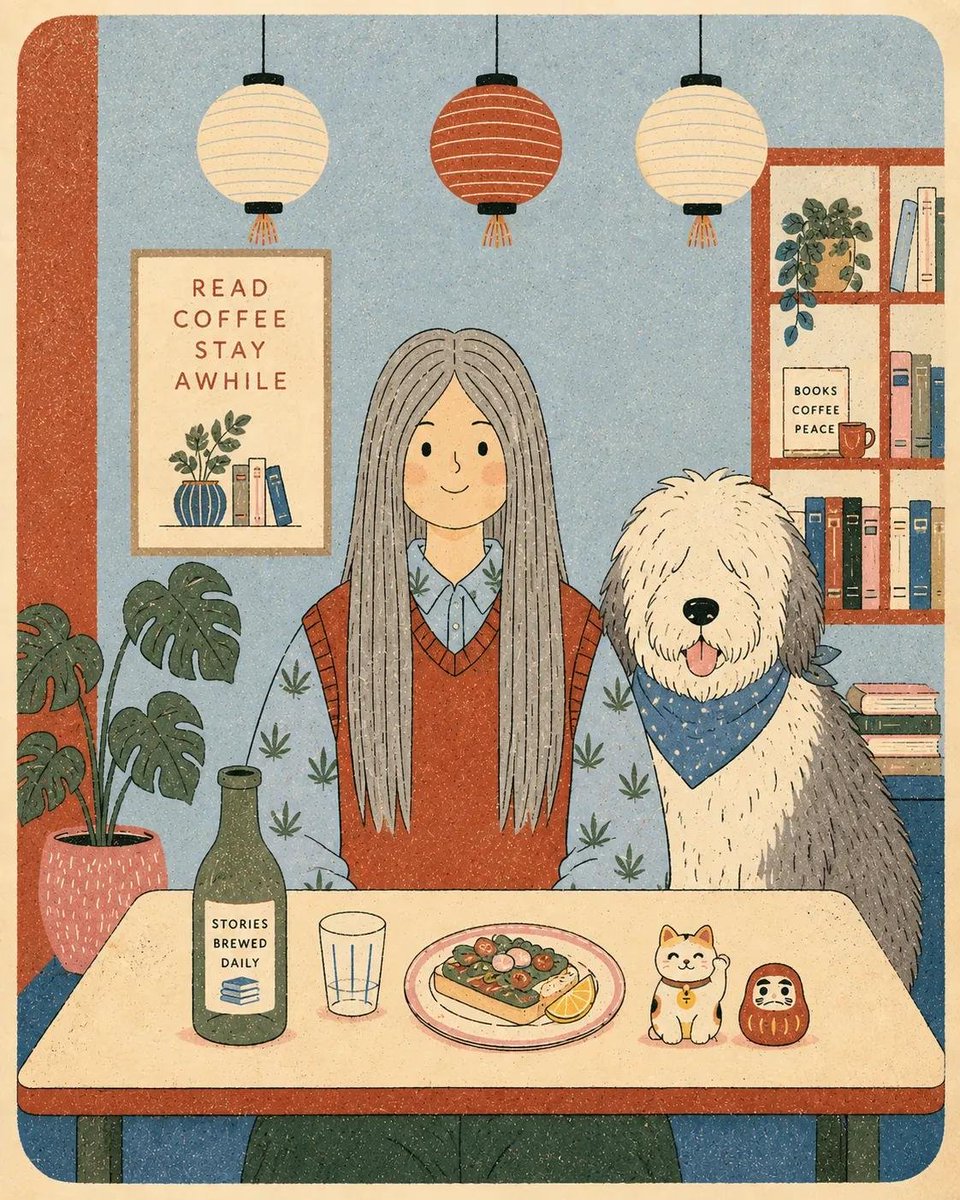 扁平现代丝网印刷风格海报插画，画中是[HUMAN]（人类），穿着[CLOTHING]（服装），正面朝向坐在一张简单的咖啡桌后方，桌旁有[ANIMAL]（动物），场景为[SCENERY]（风景）...