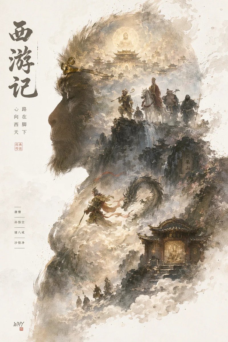 典藏版史诗海报：一幅完整的世界观与标志性场景从角色的侧面剪影中生长而出。电影海报风格与梦幻水彩插画风格相融合，静谧、宏大、神圣、怀旧，呈现纸张颗粒纹理、淡淡雾气、柔和笔触边缘渐隐，以及精致的留...
