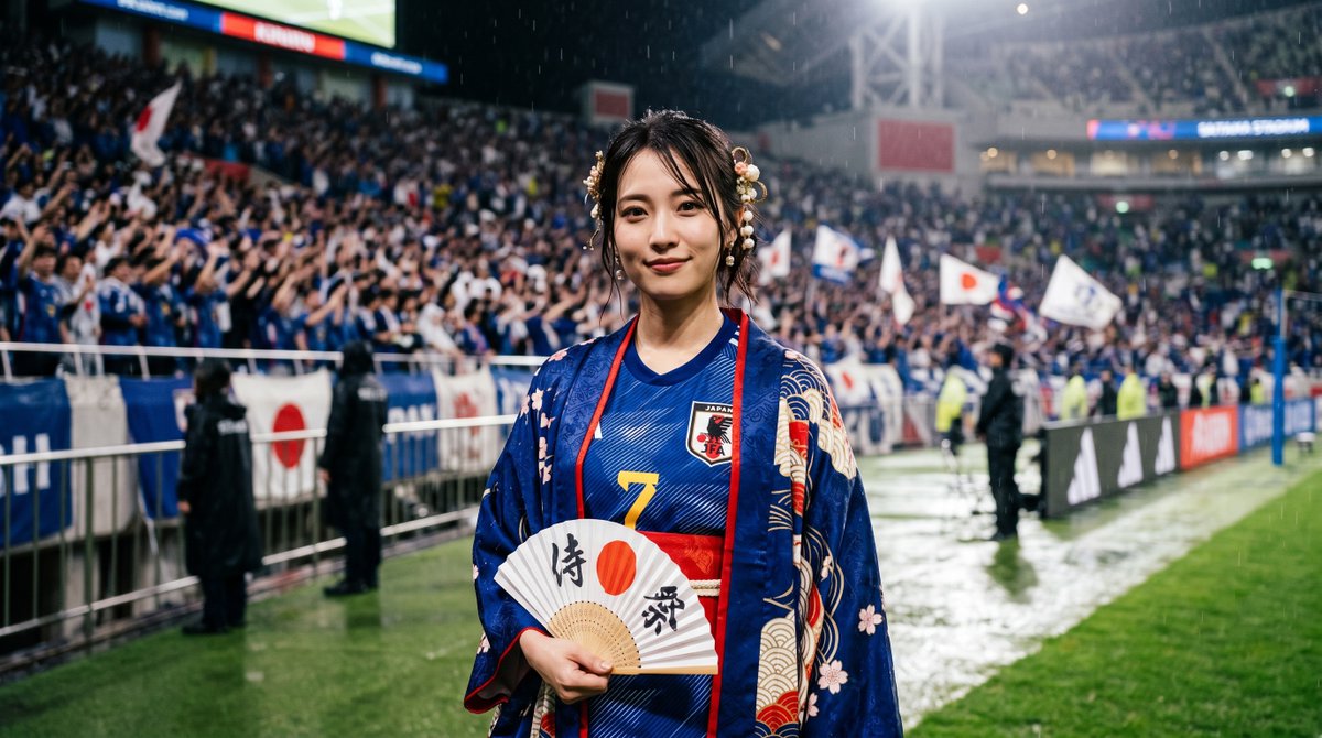 超写实电影感广角人像：一位年轻的日本女性足球迷，在雨夜比赛期间站在座无虚席的体育场边线旁。她身穿蓝色日本国家队7号球衣，外搭一件优雅的日式和风长袍，带有花卉与波浪图案。她手持一把白色折扇，扇面...