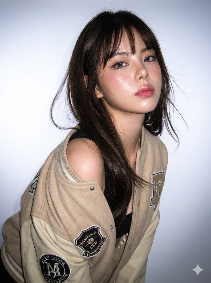 超写实时尚年轻女性肖像，超精细面部特征，可见毛孔，玫瑰色水润肌肤，高度身份一致性。 主体：微微前倾，肩膀倾斜，穿着米色校队夹克从一侧肩膀滑落，夹克内可见叠穿造型。 表情：自信，略带疏离，下巴微...