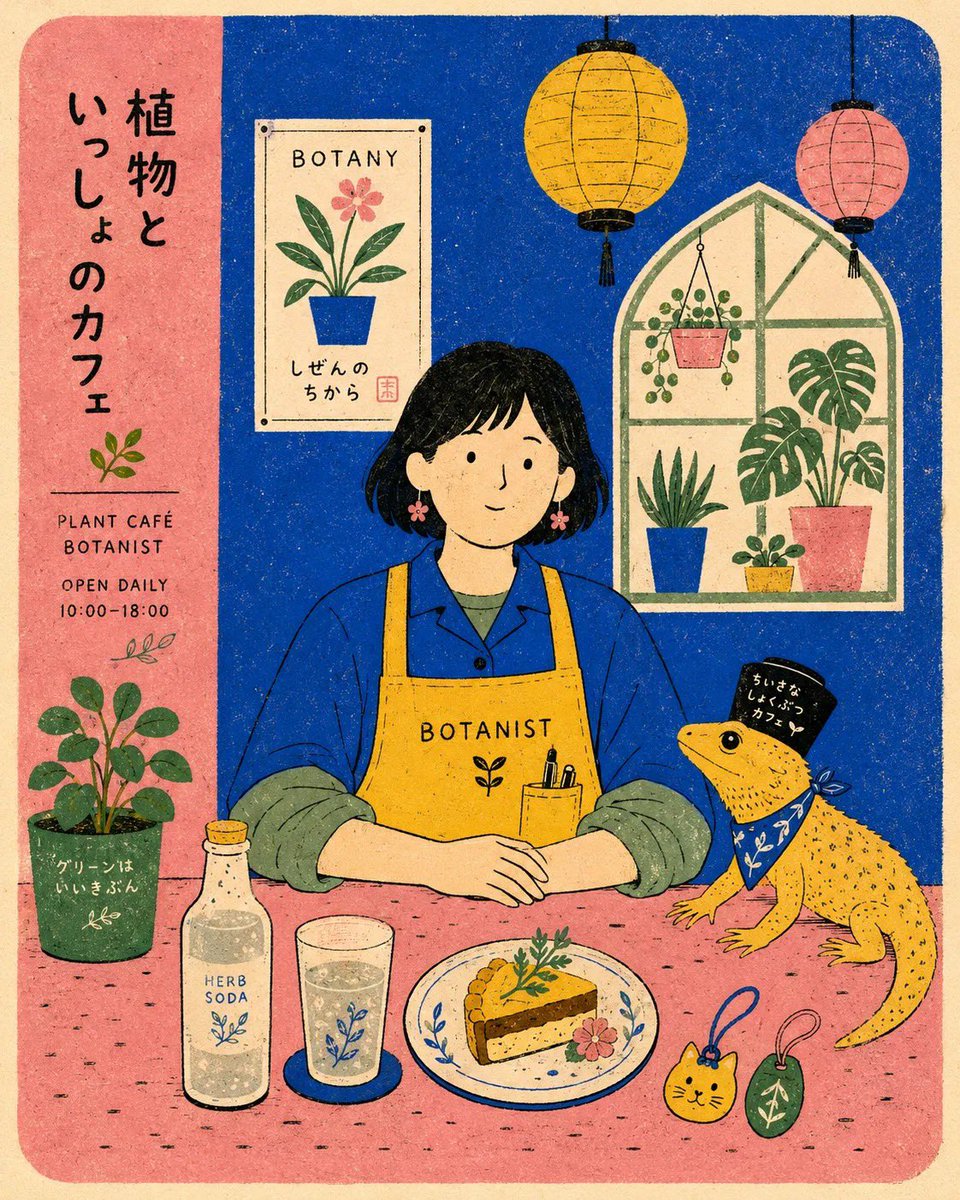 现代扁平版印风格的明信片海报插画，画面中[HUMAN]穿着[CLOTHING]，正面朝向观众，坐在一张简朴的咖啡桌后面，桌上与[ANIMAL]一起，处于[SCENERY]中。使用[COLORS...