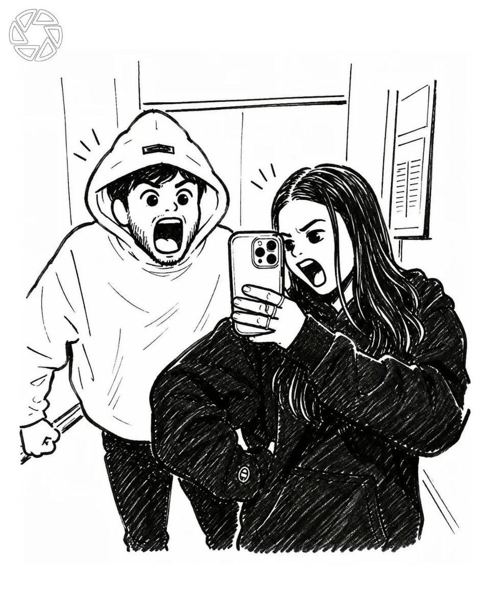 根据上传的照片创作一幅高度细致的黑白漫画插画，同时严格保留原始的姿势、构图、面部表情、服装和镜头角度。两位朋友正在一部现代电梯里拍摄镜子自拍。女孩站在前景，手持智能手机，身穿一件超大号黑色连帽...