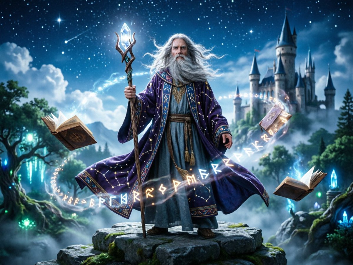一位传奇巫师屹立于星空璀璨的夜空下的古老石崖之上，身披绣满天界星座的飘逸长袍，手持一根顶端镶嵌着发光水晶的华丽法杖，长长的银色胡须在风中轻柔飘动，魔法符文在空气中盘旋飞舞，浮空的魔法书册，闪烁...