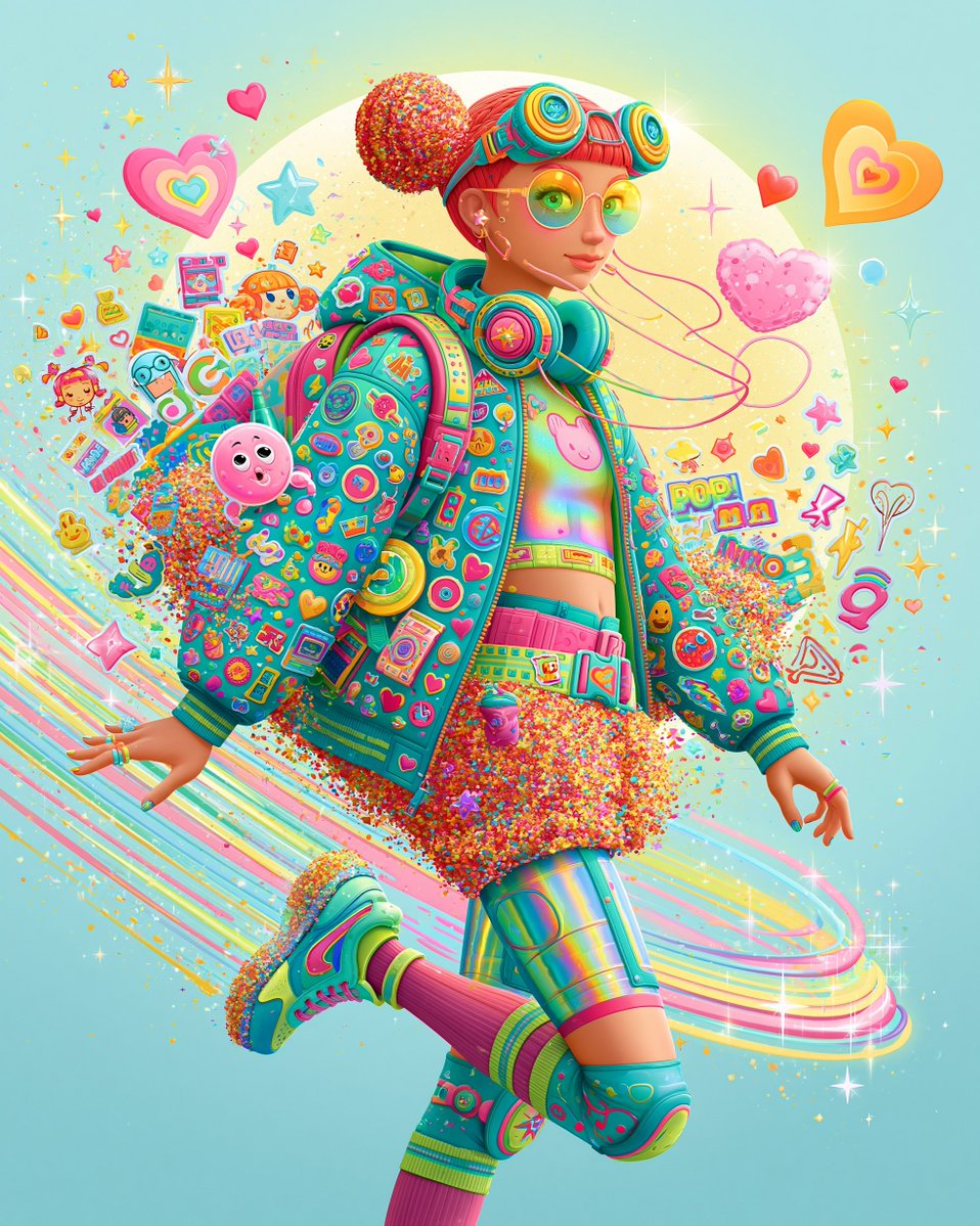 一幅充满活力、超风格化的插画，捕捉当代流行文化的精髓，散发着创意、少女感与俏皮疯狂的氛围；大胆的霓虹色、全息光泽、闪光爆炸、泡泡糖粉色美学、趣味贴纸与涂鸦、漂浮的爱心与星星、复古Y2K元素、图...