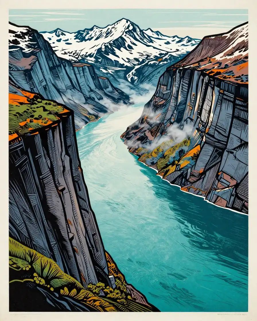 陡峭的峡湾景观，高耸的绝壁直插深绿松石色的水域，戏剧性的薄雾光影与远处积雪覆盖的山峰，充满原始力量的壮阔尺度，以大胆的亚麻版画浮雕印刷风格呈现，配以强烈的雕刻黑色线条、平面的图形化色块、高对比...