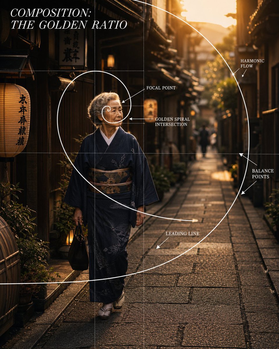 创作一张名为 COMPOSITION: THE GOLDEN RATIO（构图：黄金比例）的高端电影感摄影构图海报。 画面应呈现一张写实的电影风格街拍照片：一位年长的日本女性在黄金时段（gol...