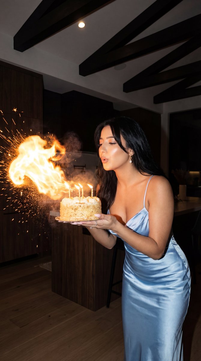 https://t.co/G727eWCaVI 超写实抓拍生日夜晚人像，9:16 竖向构图。一位身穿闪亮浅蓝色缎面细吊带连衣裙的女子，站在昏暗的...