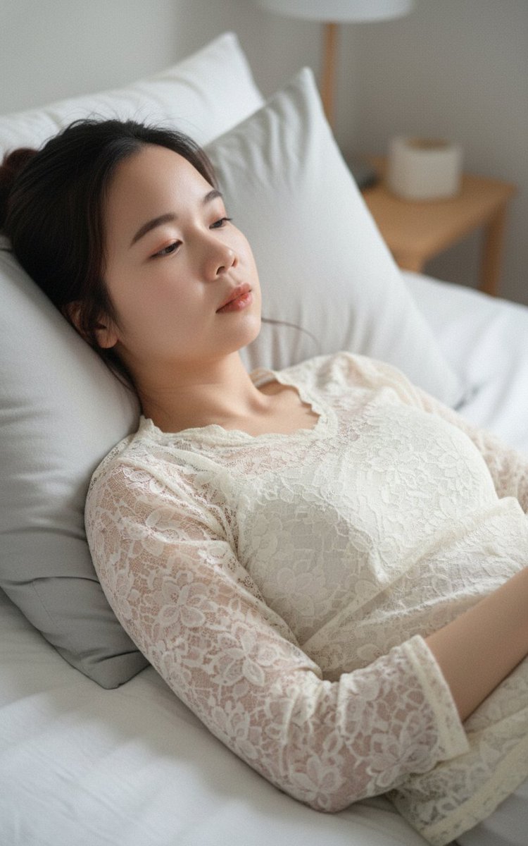 日本年轻女性在床上放松，身着朴素的蕾丝睡衣，柔和光线，舒适的肖像 SFW&教育性&100% 虚构 100% AI 生成，全着衣，仅 SFW，请将参考图像作为人物面部特征、外貌和...