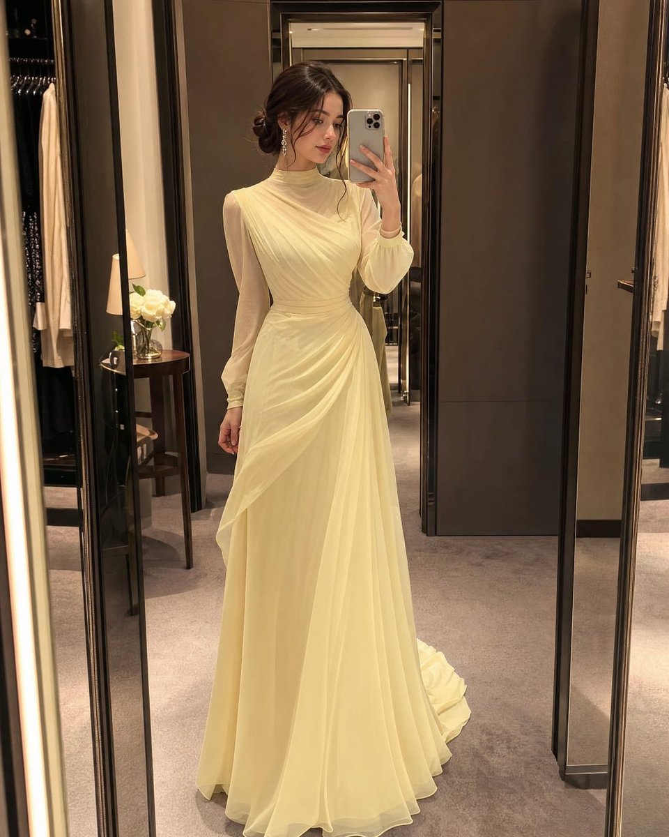 超写实全身镜面自拍，一位美丽的年轻女子身着一袭灵感源自高级时装定制时装的柔和粉彩奶油黄奢华晚礼服。优雅的及踝长裙，设计端庄精致，面料为层叠飘逸的雪纺，剪裁为精致垂坠廓形，高领，长款带衬里袖，衣...