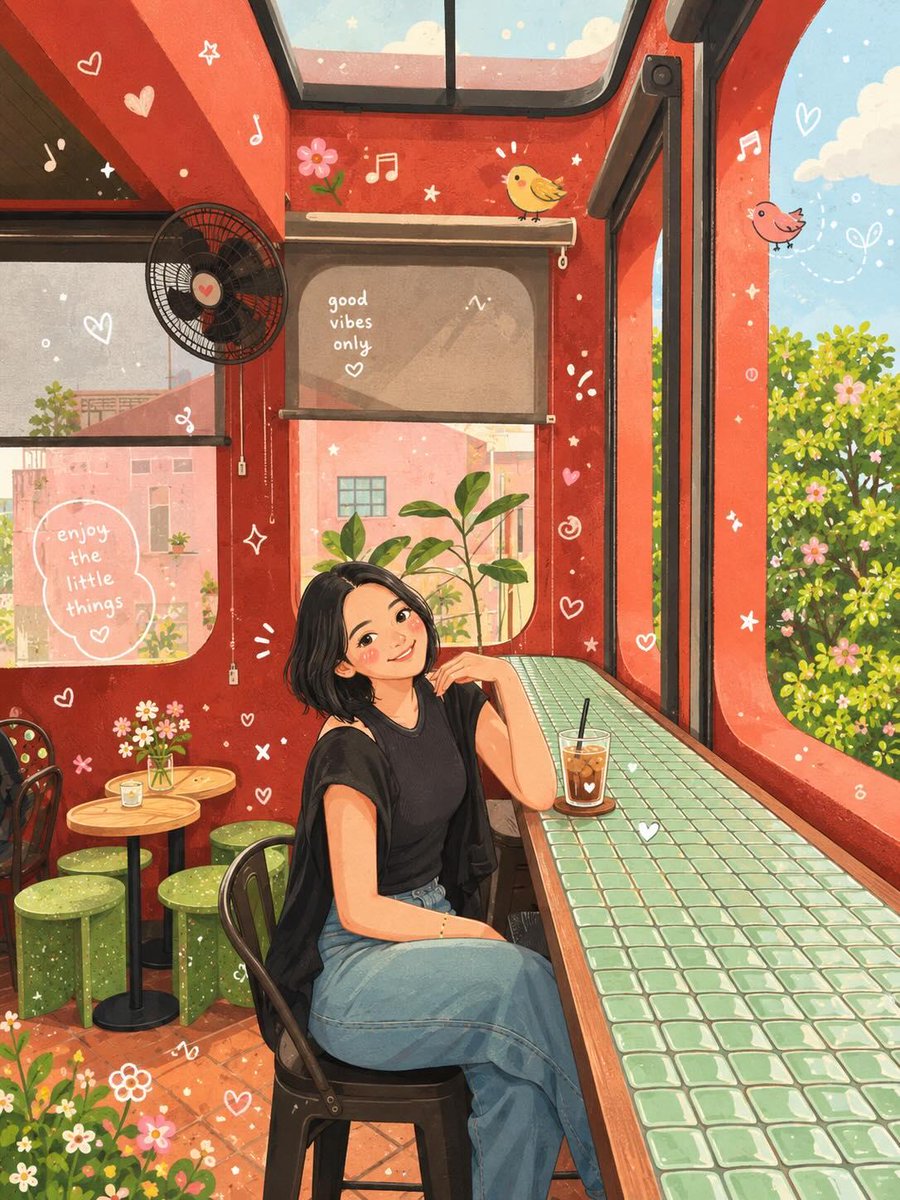 将上传的照片转换为一幅温馨奇幻的故事书插画,带有温暖的咖啡馆美学风格。保留原始照片的准确姿势、面部特征、发型、服饰和构图…… 由 @lovimg_com 创作 https://t.co/rfx...